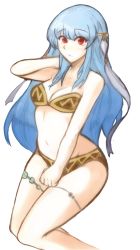 Rule 34 | 1girl, archived source, bikini, blue hair, blush, breasts, cleavage, collarbone, curvy, fire emblem, fire emblem: the blazing blade, fire emblem heroes, groin, hair ornament, hand in own hair, hand on thigh, highres, jewelry, light blush, long hair, looking at viewer, navel, ninian, nintendo, open mouth, parted lips, red eyes, sitting, small breasts, solo, swimsuit, thighs, transparent background, tridisart, very long hair, wide hips
