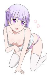 Rule 34 | 1girl, absurdres, all fours, bare shoulders, blush, breasts, coro fae, downblouse, extended downblouse, hanging breasts, heart, highres, long hair, looking at viewer, new game!, nipples, no bra, open mouth, panties, pink panties, purple eyes, purple hair, simple background, small breasts, smile, solo, suzukaze aoba, tank top, thighhighs, twintails, underwear, white background