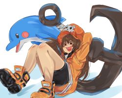 Rule 34 | 1girl, :d, anchor, arc system works, black shorts, blush stickers, brown eyes, brown hair, dolphin, female focus, full body, guilty gear, guilty gear strive, happy, hat, highres, hood, hoodie, long sleeves, may (guilty gear), mil17459623, mr. dolphin (guilty gear), open mouth, orange footwear, orange headwear, orange hoodie, shorts, sitting, skull, smile, solo focus, teeth, upper teeth, white background