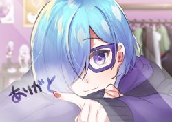 Rule 34 | 1girl, bad id, bad pixiv id, blue hair, blurry, blurry background, closed mouth, clothes hanger, condensation, depth of field, figure, glass writing, glasses, hair over one eye, highres, indoors, jacket, kitasaya ai, long sleeves, looking at viewer, original, purple-framed eyewear, purple eyes, purple jacket, sleeves past wrists, smile, solo, thank you, virtual youtuber, window fog