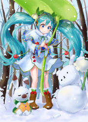 Rule 34 | 1girl, :3, absurdres, animal, aqua hair, bad id, bad pixiv id, blue eyes, boots, bubble skirt, capelet, cherry, commentary, english commentary, closed eyes, flower, food, forest, fruit, fur-trimmed boots, fur trim, giant leaf, hair flower, hair ornament, hatsune miku, headband, highres, holding, holding leaf, kian, leaf, long hair, nature, palms together, parted lips, rabbit, ribbon, skirt, snow, snowbell (flower), snowflake print, snowflakes, snowman, twintails, very long hair, vocaloid, winter, yuki miku, yuki miku (2015), yukine (vocaloid)
