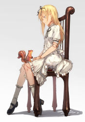 Rule 34 | 1girl, animal, animal on lap, blonde hair, blue eyes, bobby socks, chair, doll joints, dress, full body, joints, long hair, mary janes, on lap, original, own hands together, ryuuzaki ichi, shoes, sitting, socks, solo, squirrel, white socks