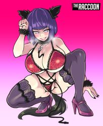 Rule 34 | 1girl, animal ears, artist name, black nails, blunt bangs, blunt ends, bob cut, boruto: naruto next generations, breasts, byakugan, cleavage, fake animal ears, full body, gradient background, high heels, highres, huge breasts, hyuuga hinata, lace trim, mature female, naruto (series), pink background, purple footwear, simple background, solo, squatting, steaming body, tail, the raccoon, thighhighs