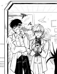 Rule 34 | 1boy, 1girl, closed eyes, collared shirt, commentary request, cup, deepblue1059, drinking, eoduun badaui deungbul-i doeeo, glasses, greyscale, holding, holding cup, indoors, korean commentary, lab coat, long sleeves, monochrome, mug, open mouth, pants, park moo-hyun, shirt, short hair, short ponytail, squiggle, standing, yu geum-i