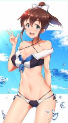 Rule 34 | 1girl, bikini, blue eyes, bow, breasts, brown hair, chromatic aberration, cleavage, collarbone, commentary request, cosplay, cowboy shot, hair between eyes, hair bow, highres, idolmaster, idolmaster million live!, kantai collection, large breasts, looking at viewer, navel, open mouth, ponytail, satake minako, solo, swimsuit, teeth, w, wattsu