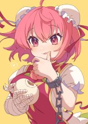 Rule 34 | 1girl, absurdres, ahoge, bandaged arm, bandages, baozi, blush, bun cover, chain, cuffs, e sdss, fingernails, food, food on face, hair between eyes, highres, holding, holding food, ibaraki kasen, pink eyes, pink hair, shirt, short hair, short sleeves, simple background, solo, tabard, tongue, tongue out, touhou, upper body, white shirt, wrist cuffs, yellow background