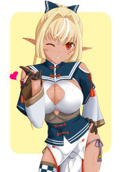 Rule 34 | 1girl, bare shoulders, black gloves, blonde hair, blowing kiss, blue bow, bow, breasts, cleavage, cleavage cutout, clothing cutout, commentary request, corset, cowboy shot, dark-skinned female, dark skin, elf, gloves, groin, hair bow, hand on own hip, heart, hololive, large breasts, long hair, looking at viewer, one eye closed, panties, parted lips, partially fingerless gloves, pointy ears, ponytail, red eyes, seushiki (ponti-ron), shiranui flare, shiranui flare (old design), simple background, single thighhigh, solo, standing, string panties, thighhighs, thighs, underwear, virtual youtuber, yellow background