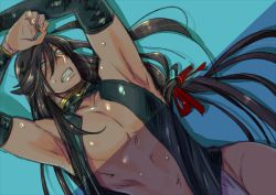 Rule 34 | 10s, 1boy, arms up, bad id, bad twitter id, black hair, blue background, blue eyes, clenched teeth, collarbone, fundoshi, izumi-no-kami kanesada, japanese clothes, long hair, looking at viewer, lying, male focus, male underwear, on back, pectorals, saida nika, simple background, solo, sweat, teeth, touken ranbu, underwear, white male underwear