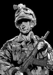 Rule 34 | 1boy, assault rifle, camouflage, check weapon, combat helmet, commentary request, expressionless, greyscale, gun, helmet, highres, holding, holding gun, holding weapon, male focus, military, mochi (circle rin), monochrome, night vision device, original, people&#039;s liberation army, qbz-191, rifle, shaded face, soldier, solo, upper body, weapon