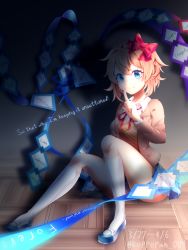 Rule 34 | absurdres, blue eyes, bow, clothes lift, collar, doki doki literature club, hair between eyes, herbrier coppepan, highres, jacket, miniskirt, neck ribbon, on floor, open clothes, open jacket, red bow, red ribbon, ribbon, sayori (doki doki literature club), school uniform, shoes, short hair, skirt, smile, socks, solo, thighs, uwabaki, white collar, white socks, wooden floor