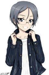 Rule 34 | 10s, 1girl, artist name, blue eyes, blue jacket, bukkuri, casual, character name, dated, denim, denim jacket, girls und panzer, glasses, grey hair, grin, jacket, long sleeves, looking at viewer, open clothes, open jacket, popped collar, rimless eyewear, round eyewear, rumi (girls und panzer), shirt, short hair, signature, simple background, smile, solo, standing, upper body, white background, white shirt