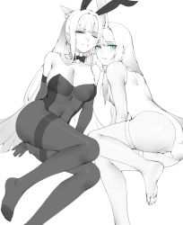 Rule 34 | 2girls, \||/, ak-12 (girls&#039; frontline), an-94 (girls&#039; frontline), animal ears, aqua eyes, ass, black bow, black bowtie, black pantyhose, blunt bangs, bow, bowtie, breasts, chinese commentary, cleavage, closed mouth, covered navel, detached collar, dot nose, elbow gloves, fake animal ears, fake tail, feet, feet out of frame, full body, girls&#039; frontline, gloves, greyscale, half-closed eyes, highres, large breasts, leotard, long hair, looking at viewer, medium breasts, monochrome, multiple girls, nipples, one eye closed, pantyhose, parted lips, pink eyes, playboy bunny, see-through, simple background, strapless, strapless leotard, tail, thighhighs, thighs, toes, white background, white thighhighs, wsfw