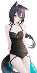 Rule 34 | 0 (znanimo), 1girl, absurdres, alternate costume, alternate hairstyle, animal ear fluff, animal ears, arknights, arms behind back, bare arms, bare shoulders, black hair, black one-piece swimsuit, blush, breasts, casual one-piece swimsuit, cleavage, closed mouth, collarbone, commentary, cowboy shot, ear piercing, english commentary, highres, innertube, long hair, looking at viewer, low ponytail, one-piece swimsuit, piercing, red eyes, simple background, small breasts, solo, swim ring, swimsuit, tail, texas (arknights), thighs, white background, wolf ears, wolf girl, wolf tail