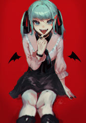 Rule 34 | 1girl, alisame, black footwear, black nails, black ribbon, black skirt, blouse, blue eyes, blue hair, boots, facial mark, fangs, hair ribbon, hatsune miku, heart, heart facial mark, high-waist skirt, highres, mask pull, nail polish, open mouth, pink shirt, red background, ribbon, shirt, skirt, smile, solo, tongue, tongue out, twintails, vampire (vocaloid), vocaloid