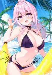 Rule 34 | 1girl, absurdres, bikini, cu-no, day, earrings, halterneck, highres, hisen kaede, jewelry, long hair, looking at viewer, navel, ocean, open mouth, outdoors, palm leaf, palm tree, scan, side-tie bikini bottom, simple background, smile, solo, stomach, string bikini, swimsuit, thighs, tree, water, water drop