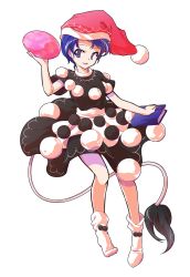 Rule 34 | 1girl, :3, :d, alphes (style), apron, bare arms, blue eyes, blue hair, book, dairi, doremy sweet, dream soul, dress, facing away, full body, hat, holding, legs apart, looking away, looking to the side, nightcap, open mouth, parody, pom pom (clothes), red hat, short hair, short sleeves, smile, socks, solo, standing, style parody, tail, tapir tail, touhou, transparent background, waist apron, white apron, white socks