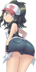 Rule 34 | 1girl, ass, bare arms, bare legs, bare shoulders, blouse, breasts, brown hair, closed mouth, cowboy shot, creatures (company), from behind, game freak, hat, head tilt, highres, hilda (pokemon), long hair, looking at viewer, looking back, m.m, nintendo, pocket, pokemon, pokemon bw, ponytail, red hat, shirt, short shorts, shorts, sidelocks, simple background, sleeveless, sleeveless shirt, small breasts, smile, solo, standing, two-tone hat, white background, white hat, white shirt