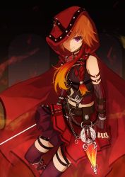 Rule 34 | 1girl, applegothique, bad id, bad pixiv id, black gloves, black skirt, black thighhighs, braid, brown hair, cape, chain, closed mouth, elbow gloves, fingerless gloves, floating hair, gloves, gradient hair, hair between eyes, highres, holding, holding sword, holding weapon, hood, hood up, hooded, idolmaster, idolmaster cinderella girls, idolmaster cinderella girls starlight stage, layered skirt, long hair, looking at viewer, midriff, miniskirt, multicolored hair, nail polish, navel, ninomiya asuka, pleated skirt, purple eyes, red cape, red hair, red nails, red skirt, single braid, skirt, smile, solo, standing, stomach, striped clothes, striped gloves, sword, thighhighs, vertical-striped clothes, vertical-striped gloves, weapon, zettai ryouiki
