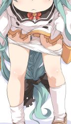 Rule 34 | 1girl, akashi (azur lane), azur lane, bad id, bad twitter id, bell, black bow, black sailor collar, bow, braid, brown footwear, commentary request, dress, gluteal fold, green hair, hair bow, ham (points), inactive account, jingle bell, kneehighs, leaning forward, loafers, long hair, long sleeves, panties, panty pull, pulling own clothes, red bow, sailor collar, sailor dress, shoes, sleeves past fingers, sleeves past wrists, socks, solo, underwear, very long hair, white background, white dress, white socks, white panties