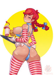 Rule 34 | 1girl, ass, back, bad id, bad tumblr id, bikini, blue bikini, blush, bow, bra, braid, breasts, breasts out, burger, choker, covered erect nipples, cowboy shot, female focus, food, highres, large breasts, long hair, nipples, one eye closed, panties, product girl, r3dstar, red hair, revision, simple background, skindentation, smile, smug, solo, striped clothes, striped thighhighs, swimsuit, thighhighs, thighs, thong bikini, twin braids, twintails, underwear, wendy&#039;s, wendy (wendy&#039;s), wink