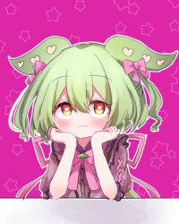 1girl :3 blush bow closed_mouth green_hair hair_between_eyes hair_bow head_rest heart heart_in_eye jirai_kei jirai_kei_zundamon_(omochinegi) looking_at_viewer neck_ribbon omochinegi pink_bow pink_ribbon ribbon short_sleeves solo star_(symbol) symbol_in_eye upper_body variant_set voiceroid voicevox yandere zundamon