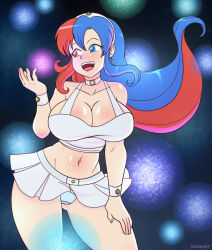 Rule 34 | 1girl, absurdres, black background, blue eyes, blue hair, blue panties, blush, breasts, choker, cleavage, collarbone, dakunart, earrings, energy ball, hairband, hand on thigh, heterochromia, highres, jewelry, large breasts, long hair, looking to the side, midriff, multicolored hair, navel, open mouth, panties, red eyes, red hair, shirt, skirt, smile, solo, space, standing, tank top, teeth, two-tone hair, underwear, white shirt, white skirt, wind, wind lift, wristband