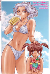 Rule 34 | 00s, 2girls, alcohol, beer, bikini, breasts, brown eyes, brown hair, cleavage, coquelicot (sakura taisen), cup, day, drinking, grey eyes, large breasts, lobelia carlini, mug, multiple girls, sakura taisen, sakura taisen iii, short hair, silver hair, swimsuit, twintails