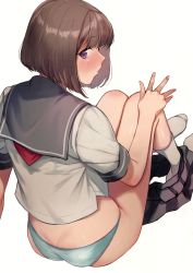 Rule 34 | 1girl, absurdres, arm support, ass, blush, brown hair, closed mouth, doushimasho, duplicate, fingernails, from behind, highres, knees up, looking at viewer, looking back, original, panties, pleated skirt, purple eyes, sailor collar, scan, shiny skin, short hair, short sleeves, simple background, sitting, skirt, socks, solo, thighs, underwear, unworn skirt, white background, white socks