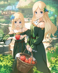 Rule 34 | 2girls, :d, apple, bare shoulders, basket, belt, blonde hair, blue eyes, blush, commentary, day, dress, elf, flower, food, fruit, green dress, hair flower, hair ornament, holding, holding basket, hut, jewelry, long hair, looking at viewer, multiple girls, necklace, open mouth, original, outdoors, parted bangs, pointy ears, siblings, sisters, smile, yoshitake