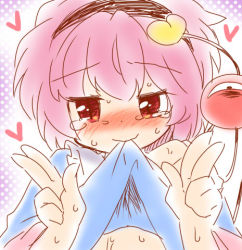 Rule 34 | 1girl, biting, biting clothes, blush, clothes lift, double v, eromame, eyeball, female focus, gesture, hairband, headband, heart, komeiji satori, looking at viewer, lowres, mouth hold, pink hair, red eyes, shirt lift, solo, sweat, tears, teasing, third eye, touhou, v
