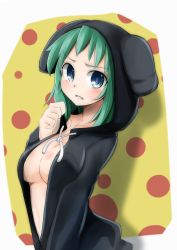 Rule 34 | 1girl, absurdres, bad id, bad pixiv id, blue eyes, blush, breasts, green hair, gumi, highres, hood, hoodie, kazenoko, naked hoodie, open clothes, short hair, solo, vocaloid
