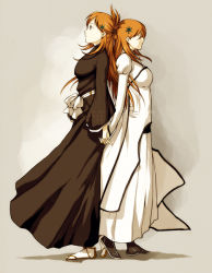 Rule 34 | 00s, 2girls, back-to-back, bad deviantart id, bad id, bleach, dress, dual persona, holding hands, inoue orihime, japanese clothes, long hair, melissa somerville, multiple girls, orange eyes, orange hair, size difference, time paradox