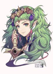 Rule 34 | 1girl, absurdres, braid, cape, closed mouth, fire emblem, fire emblem: three houses, green eyes, green hair, hair ornament, highres, jewelry, long hair, looking at viewer, nintendo, pointy ears, ribbon braid, simple background, smile, solo, sothis (fire emblem), tiara, twin braids, upper body, velahka