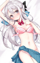 Rule 34 | 1girl, bed, blue skirt, blush, bow, bow bra, bowtie, bra, breasts, clothes lift, collarbone, grey eyes, grey hair, hair bow, hamaken. (novelize), highres, long hair, looking at viewer, lying, open bra, open clothes, open mouth, open shirt, original, panties, pink bra, pink panties, red bow, red bowtie, school uniform, shirt, short sleeves, skirt, skirt lift, small breasts, solo, stomach, underwear, white shirt