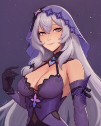 Rule 34 | 1girl, absurdres, bare shoulders, black gloves, black swan (honkai: star rail), breasts, cleavage, commentary, covered navel, desm0nt, dress, elbow gloves, gloves, grey hair, grin, highres, honkai: star rail, honkai (series), large breasts, long hair, looking at viewer, parted lips, purple background, purple dress, sleeveless, sleeveless dress, smile, solo, upper body, veil, very long hair, yellow eyes