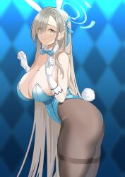 Rule 34 | 1girl, absurdres, animal ears, asuna (blue archive), asuna (bunny) (blue archive), black pantyhose, blue archive, blue eyes, blue leotard, bow, bowtie, breasts, commentary, detached collar, fake animal ears, fake tail, from side, hair over one eye, highres, huge breasts, leaning forward, leotard, long hair, looking at viewer, looking to the side, mole, mole on breast, official alternate costume, pantyhose, playboy bunny, rabbit ears, solo, strapless, strapless leotard, tail, thighband pantyhose, tnr (horiko1525)