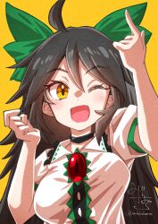Rule 34 | 1girl, absurdres, ahoge, black hair, bow, breasts, collared shirt, fang, frilled shirt collar, frills, green bow, hair between eyes, hair bow, highres, long hair, looking at viewer, medium breasts, mizuhara (pix ivi xiq), one eye closed, open mouth, puffy short sleeves, puffy sleeves, reiuji utsuho, shirt, short sleeves, skin fang, solo, third eye on chest, touhou, twitter username, upper body, white shirt, yellow background, yellow eyes