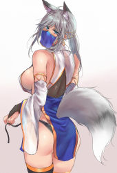 Rule 34 | 1girl, ahoge, animal ear fluff, animal ears, ass, back, bare shoulders, black thighhighs, blue eyes, breasts, collar, commentary request, detached sleeves, earrings, fox ears, fox girl, fox tail, from behind, grey background, grey hair, hair ornament, highres, japanese clothes, jewelry, large breasts, long hair, looking at viewer, looking back, mask, mouth mask, original, panties, sawaya (mizukazu), see-through, see-through sleeves, simple background, solo, standing, tail, thighhighs, underwear, wide sleeves