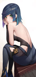 Rule 34 | 1girl, absurdres, ass, back, backless outfit, bare shoulders, blue hair, blush, closed mouth, diagonal bangs, from behind, genshin impact, gradient background, gradient hair, green eyes, highres, hwan (verypoor), long sleeves, looking at viewer, looking back, multicolored hair, purple hair, short hair, simple background, single sleeve, sitting, smile, solo, two-tone hair, yelan (genshin impact)