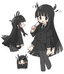 Rule 34 | 1girl, :q, antennae, arthropod girl, black eyes, black hair, black pantyhose, black skirt, blunt ends, blush stickers, bright pupils, chibi, collared shirt, cropped legs, extra arms, eyewear on head, food, formal jacket, highres, hime cut, horns, long hair, naka (buttergirl 02), necktie, open mouth, original, pantyhose, popsicle, shirt, simple background, skirt, solo, sunglasses, tongue, tongue out, white background, white pupils