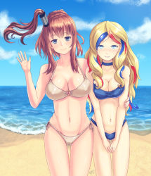 Rule 34 | 10s, 2girls, alternate costume, beach, bikini, blonde hair, blue bikini, blue eyes, blue hair, breasts, brown hair, cleavage, cloud, collarbone, commandant teste (kancolle), covered erect nipples, cowboy shot, day, hair between eyes, halterneck, kantai collection, large breasts, long hair, looking at viewer, medium breasts, midriff, mignonette, multicolored hair, multiple girls, navel, o-ring, o-ring top, ocean, outdoors, parted lips, ponytail, red hair, saratoga (kancolle), shiny skin, shy, side-tie bikini bottom, side ponytail, sky, smile, stomach, streaked hair, swept bangs, swimsuit, taut clothes, thigh gap, thighs, v, white bikini, white hair