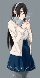 Rule 34 | 10s, 1girl, animal ears, aqua eyes, bad id, bad twitter id, black hair, blue skirt, breath, glasses, grey background, hairband, jacket, kantai collection, long hair, looking to the side, ojipon, ooyodo (kancolle), open mouth, pantyhose, scarf, skirt, solo