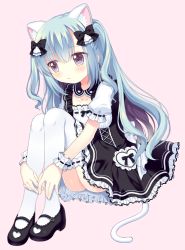 Rule 34 | 1girl, animal ears, black bow, black dress, black footwear, blue hair, blush, bow, brown eyes, cat ears, cat girl, cat tail, collarbone, dress, fingernails, full body, hair between eyes, hair bow, heart, long hair, looking away, looking to the side, mary janes, original, pink background, puffy short sleeves, puffy sleeves, ribbon-trimmed legwear, ribbon trim, riria (happy strawberry), shoes, short sleeves, simple background, sitting, solo, tail, thighhighs, very long hair, white thighhighs