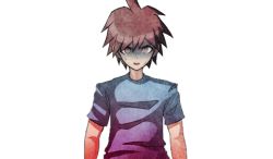 Rule 34 | 1boy, ahoge, brown hair, danganronpa: trigger happy havoc, danganronpa (series), eyebrows, feet out of frame, fullmoonrose7, gloom (expression), hands out of frame, hospital gown, looking at viewer, lowres, male focus, naegi makoto, shaded face, short sleeves, solo, spiked hair, sweatdrop, torso only, transparent background