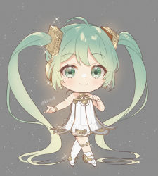 Rule 34 | 1girl, :&gt;, absurdly long hair, ahoge, artist name, blonde hair, chibi, clenched hand, crossed legs, dress, en pointe, full body, gramophone miku, green eyes, green hair, grey background, hand up, hatsune miku, headset, kikuchi mataha, knee strap, long hair, looking at viewer, miku symphony (vocaloid), outstretched arm, pleated dress, see-through, signature, simple background, smile, solo, standing, strapless, strapless dress, twintails, very long hair, vocaloid
