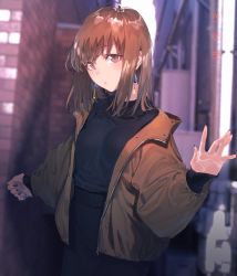 Rule 34 | 1girl, ahoge, black skirt, black sweater, blue nails, blurry, blurry background, breasts, brown eyes, brown hair, brown jacket, closed mouth, commentary request, dated, day, depth of field, earrings, eyelashes, hand up, head tilt, jacket, jewelry, long hair, long sleeves, looking at viewer, medium breasts, nail polish, open clothes, open jacket, original, outdoors, puckered lips, rolua, shirt tucked in, sidelocks, skirt, sleeves past wrists, solo, sweater, upper body, zipper