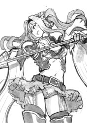 Rule 34 | &gt;:d, 10s, 1girl, :d, armor, belt, breasts, cleavage, cleavage cutout, clothing cutout, granblue fantasy, greyscale, hair intakes, long hair, monochrome, navel, niku-name, open mouth, polearm, showgirl skirt, simple background, smile, solo, spear, twintails, v-shaped eyebrows, weapon, white background, zeta (granblue fantasy)