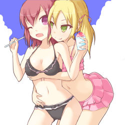 Rule 34 | 2girls, bikini, bikini skirt, blonde hair, blush, breast hold, breasts, breath, cheek-to-cheek, drinking straw, female focus, food, green eyes, heads together, holding, hug, hug from behind, kuro (be ok), licking lips, long hair, midriff, moaning, multiple girls, naughty face, navel, one eye closed, open mouth, original, pink eyes, purple eyes, red hair, shaved ice, short hair, spoon, swimsuit, tongue, tongue out, twintails, wince, yuri