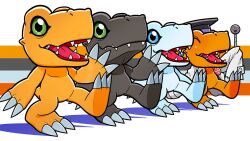 Rule 34 | agumon, agumon (black), agumon hakase, alternate costume, alternate form, artist request, bandai, claws, digimon, digimon (creature), hat, holding, holding pointer, lab coat, leg up, mortarboard, no humans, official art, open mouth, pointer, sharp teeth, sleeves past fingers, sleeves past wrists, smile, striped, striped background, teeth, walking, yukiagumon