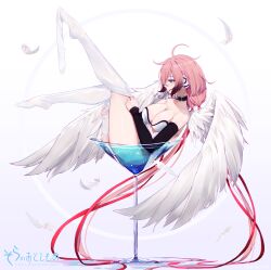 Rule 34 | 1girl, absurdres, angel wings, black sleeves, breasts, broken, broken chain, chain, cleavage, cocktail glass, collar, copyright name, cup, detached sleeves, drinking glass, feathered wings, feathers, full body, green eyes, hair ribbon, highres, ikaros, in container, in cup, large breasts, legs up, leotard, long hair, mkldragon, pink hair, profile, red ribbon, ribbon, robot ears, solo, sora no otoshimono, thighhigh dangle, thighhighs, thighhighs pull, thighs, twintails, very long hair, white leotard, white thighhighs, white wings, wings